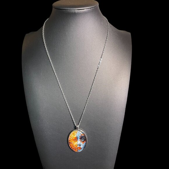 Sun Moon Face Pendant Necklace Celestial Art Fantasy Jewelry Silver Chain - Picture 2 of 7